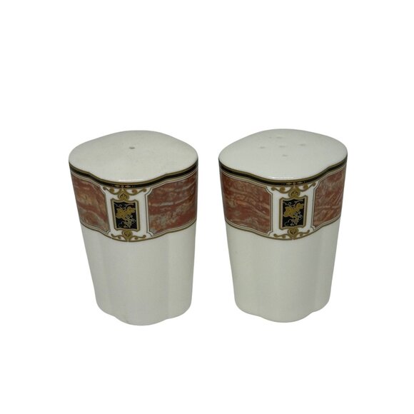 VTG Mikasa Barclay Square Salt & Pepper Shakers Marbled Pink Gold Trim Japan - Picture 1 of 9